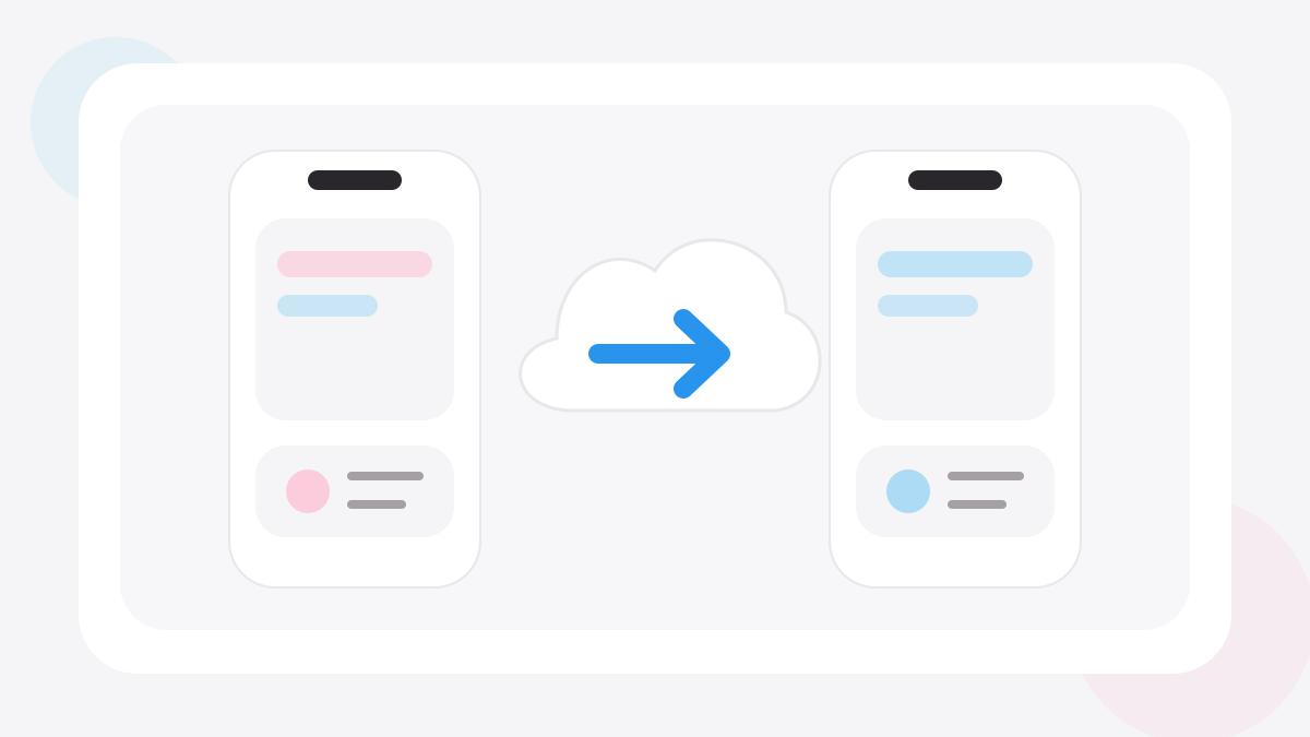 Minimal two-phone transfer graphic with an iCloud-style flow