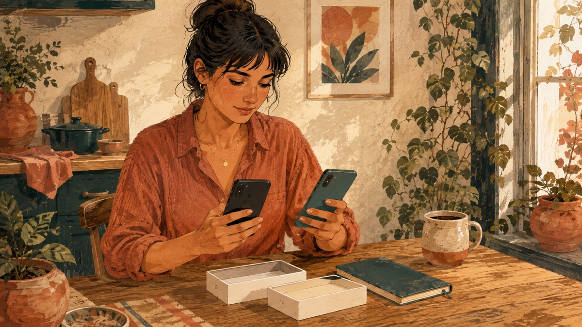A woman comparing two phones side by side at a table, gouache illustration
