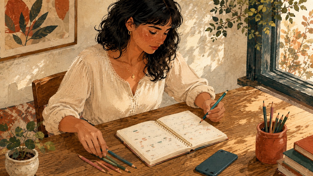 A woman arranging colored pencils beside an open planner, gouache illustration