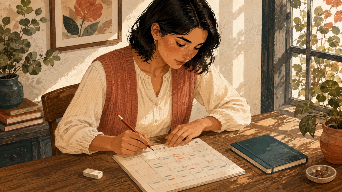 A woman using a pencil to correct a paper calendar, gouache illustration