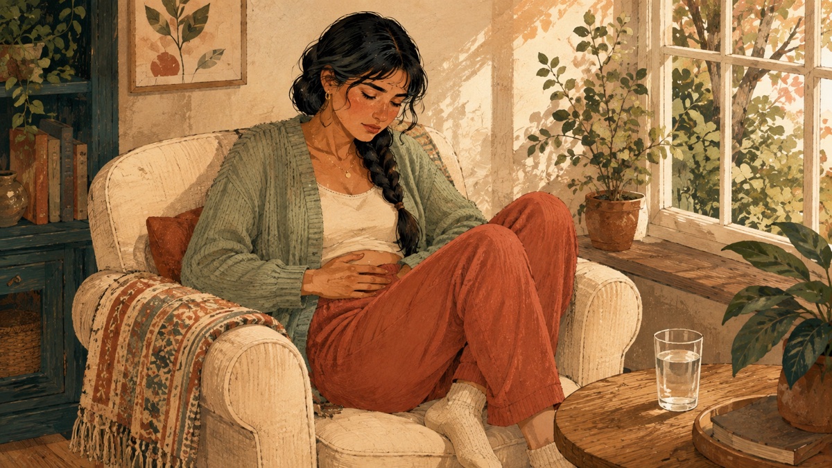 A woman resting in an armchair with a hand on her lower abdomen, gouache illustration