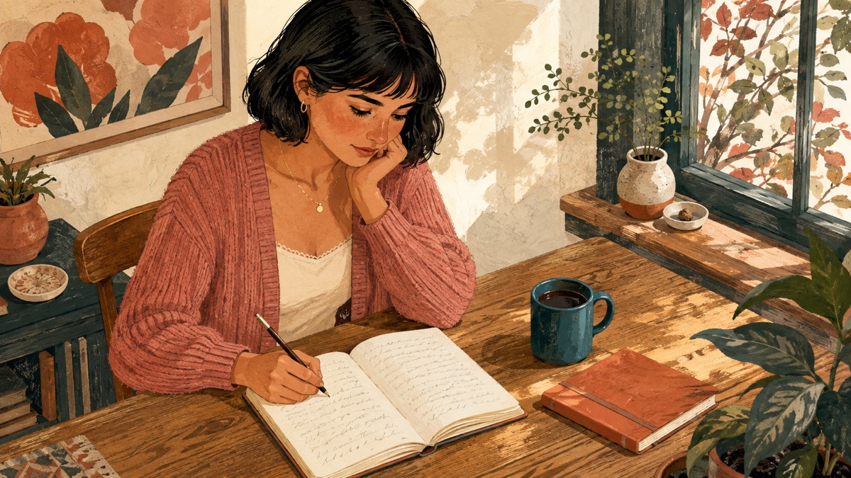 Gouache illustration of a woman writing in a notebook at a desk by a window