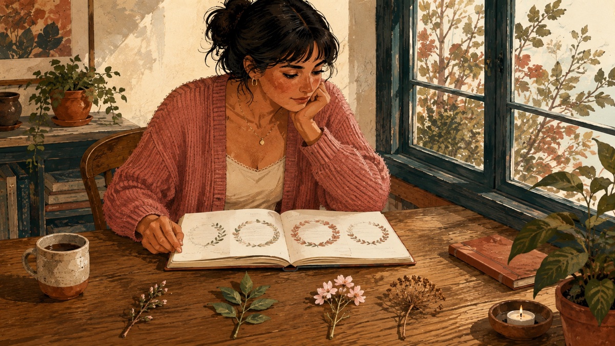 A woman by a window looking at a notebook and botanical sprigs, gouache illustration