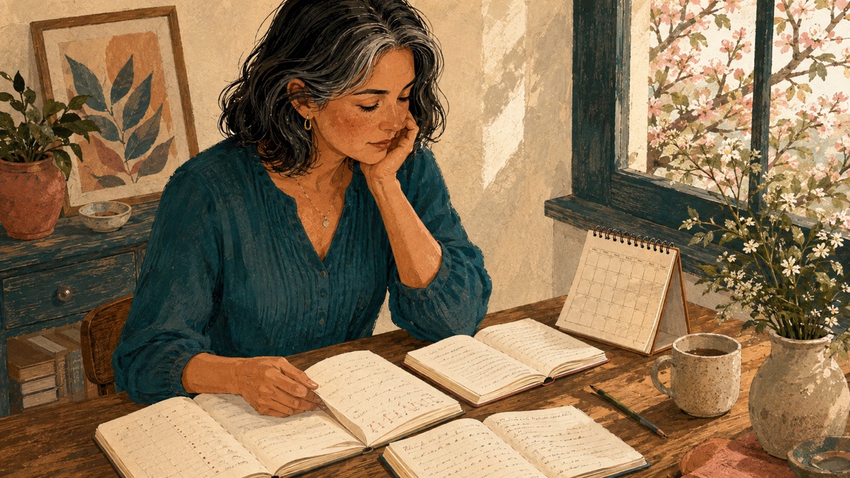 A middle-aged woman reviewing notebooks and a calendar, gouache illustration