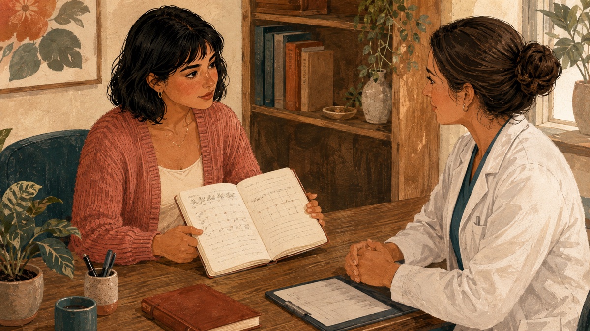 A woman discussing an open notebook with a clinician, gouache illustration