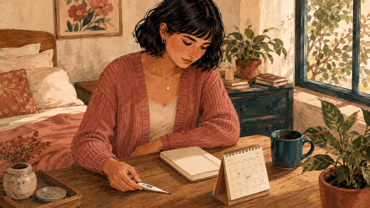 A woman placing a basal thermometer beside a notebook and calendar, gouache illustration
