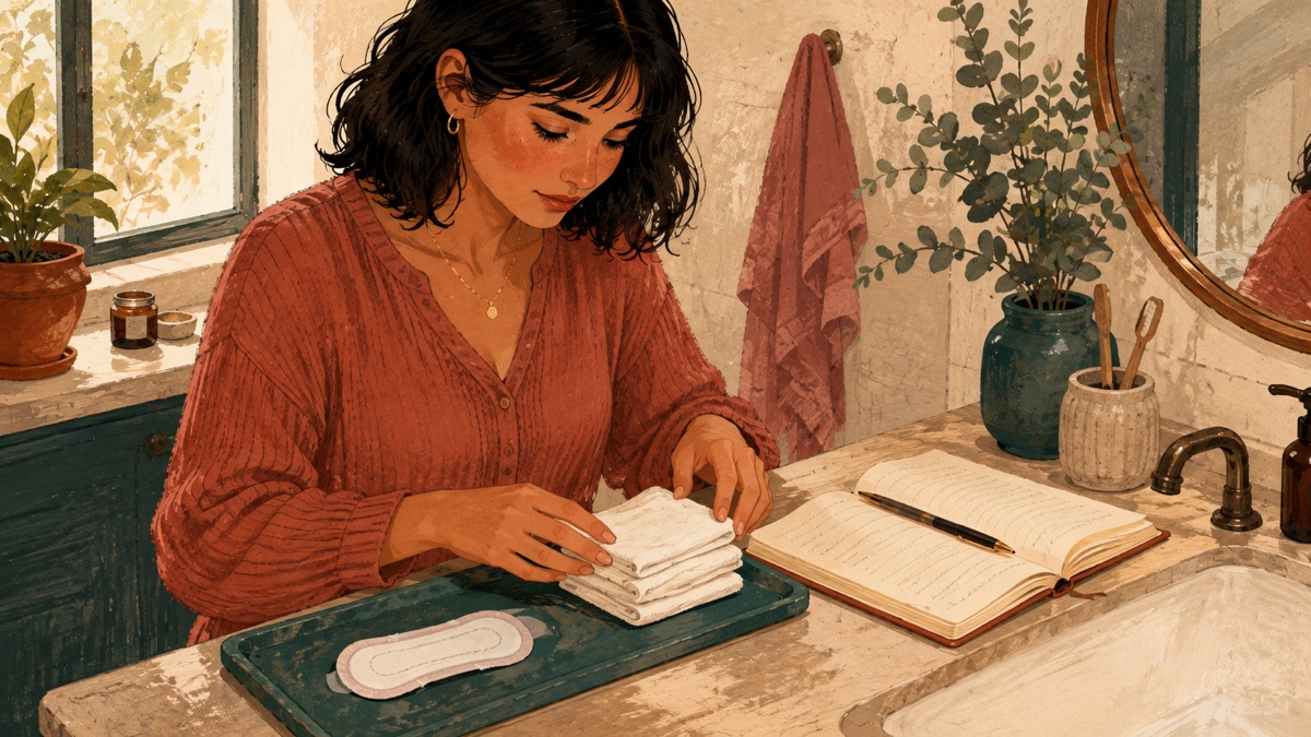 A woman reviewing clean period supplies and a notebook, gouache illustration