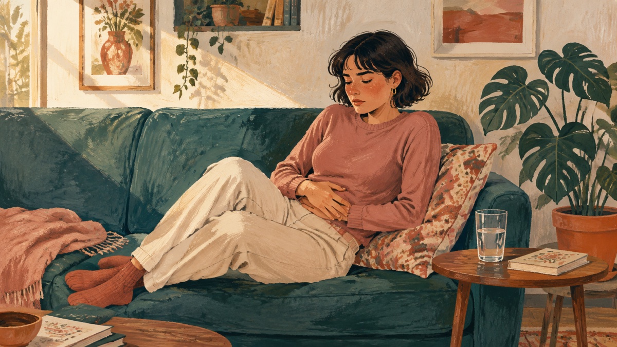 Gouache illustration of a woman resting on a sofa with a hand on her lower abdomen