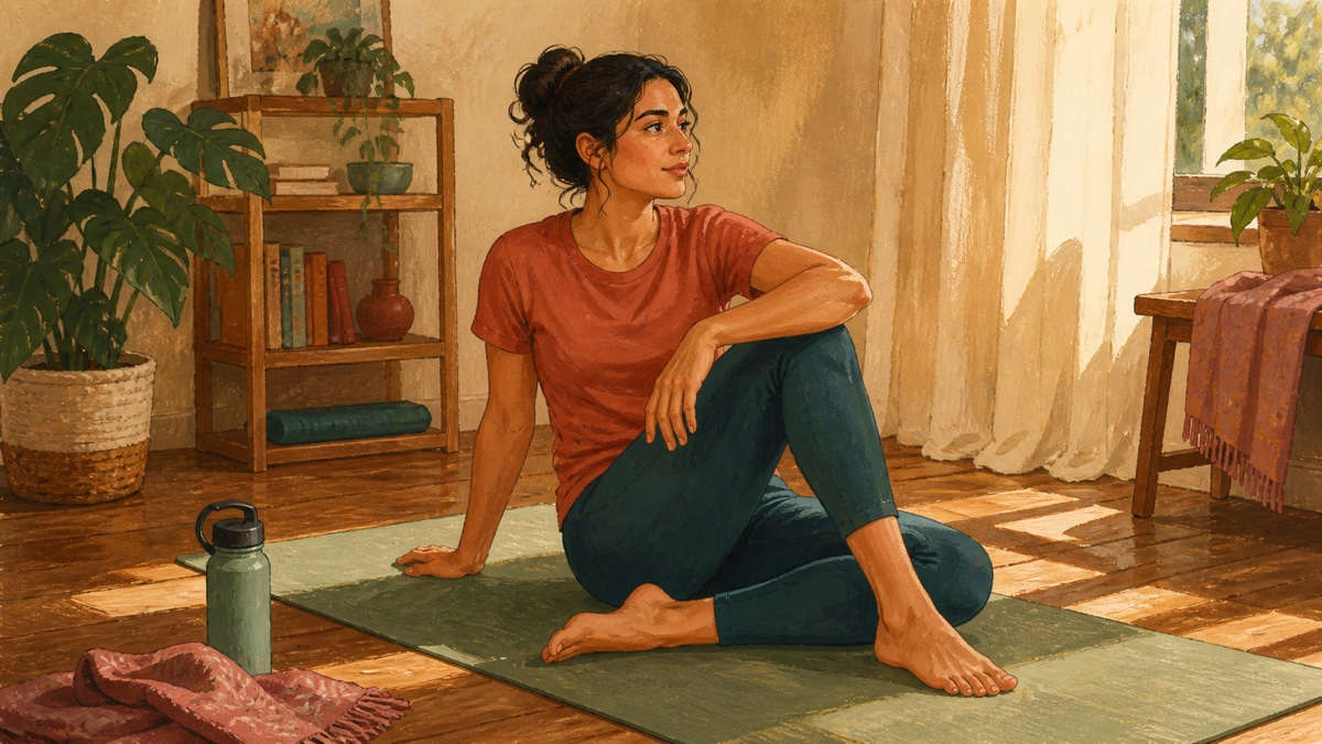 Gouache illustration of a woman taking a seated break on a yoga mat