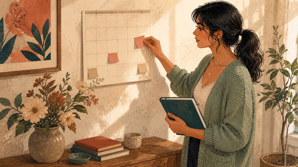 A woman holding a journal and moving a note on a calendar, gouache illustration
