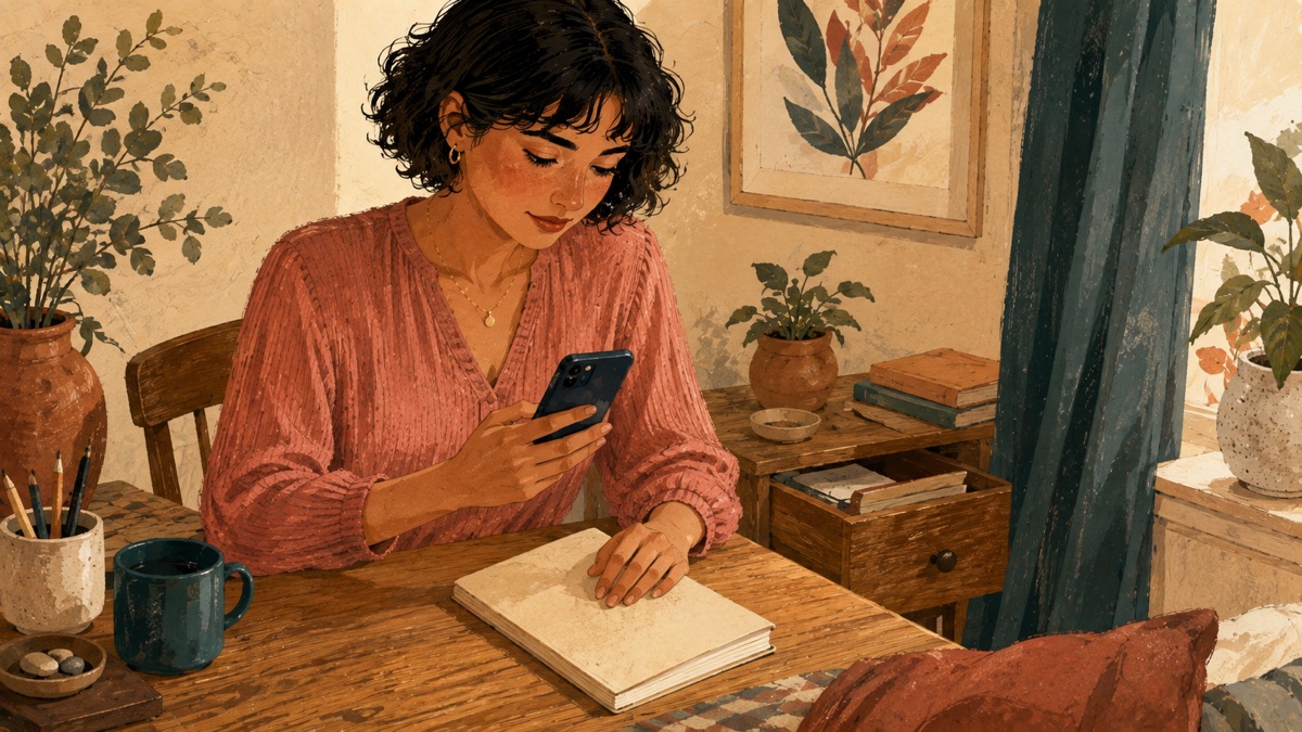A woman closing a notebook and holding a phone with its screen facing her, gouache illustration