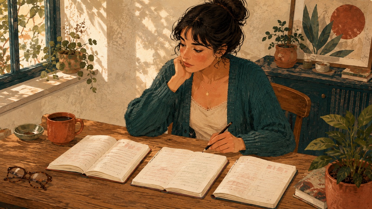 A woman comparing records across several open notebooks, gouache illustration