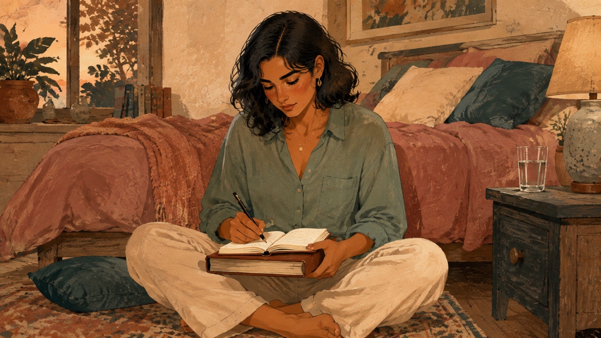 A woman sitting beside a bed and writing symptom notes, gouache illustration
