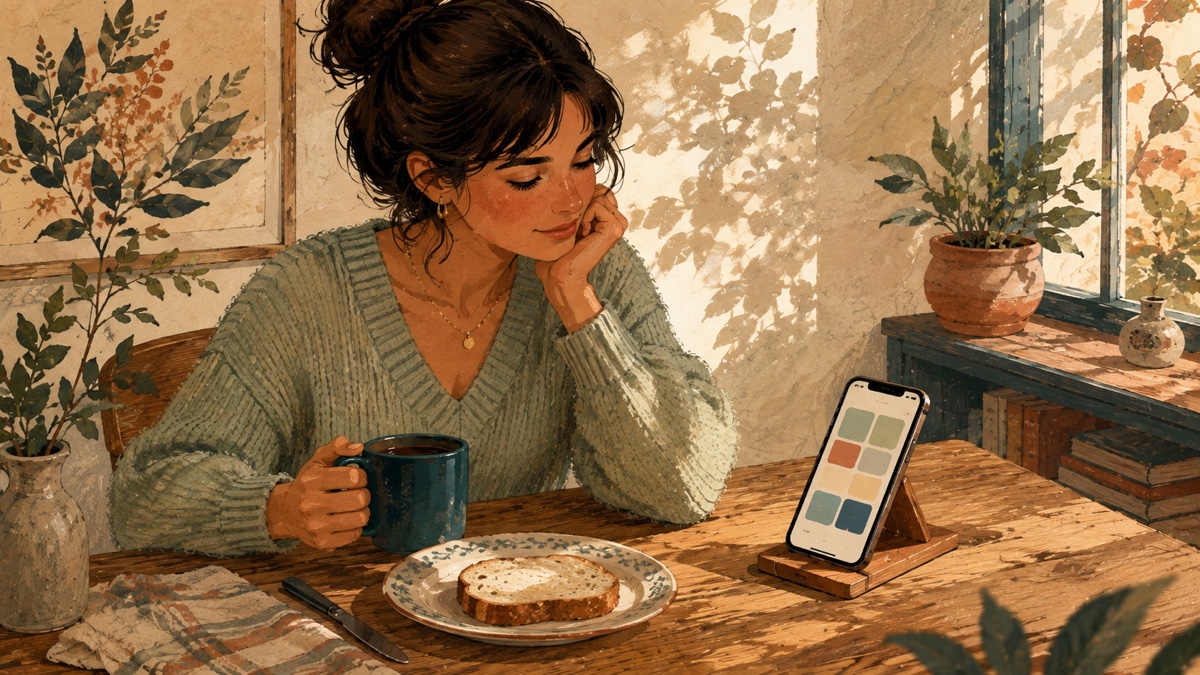 A woman checking a phone on a stand at a breakfast table, gouache illustration