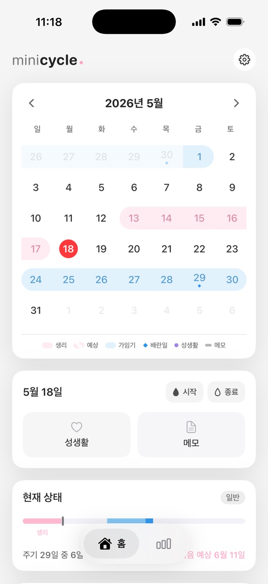 MiniCycle 아이폰 실제 캡처 화면: 생리 캘린더